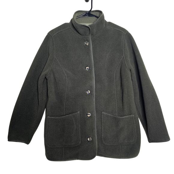 LL Bean Green button up fleece sweater jacket cardigan pockets Size Medium P - Picture 1 of 6